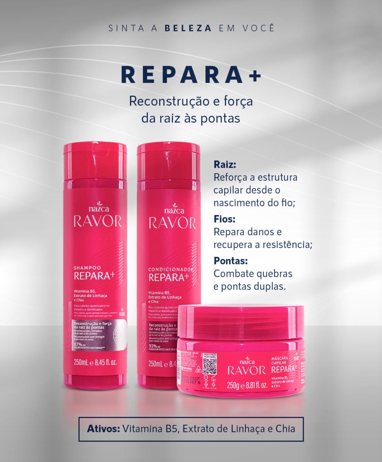 Nazca Ravor Repara+ Hair Repair Kit – Shampoo, Conditioner & Deep Treatment Mask | Vitamin B5, Flaxseed & Chia | Brazilian Hair Care for Damaged - image 3
