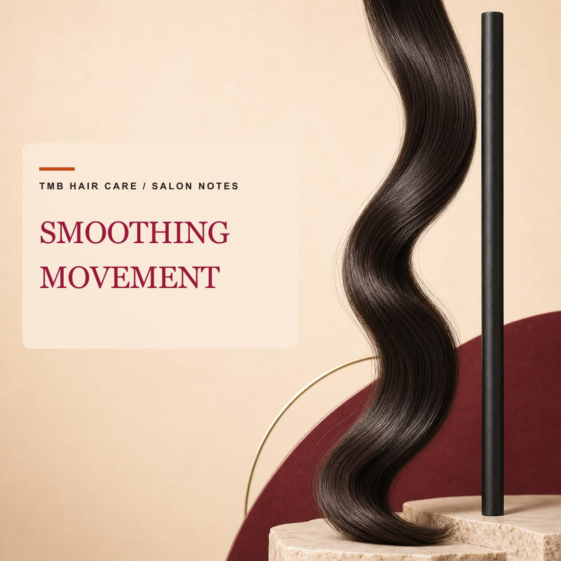 Flowing dark hair ribbon beside a rigid straight rod on a warm editorial set