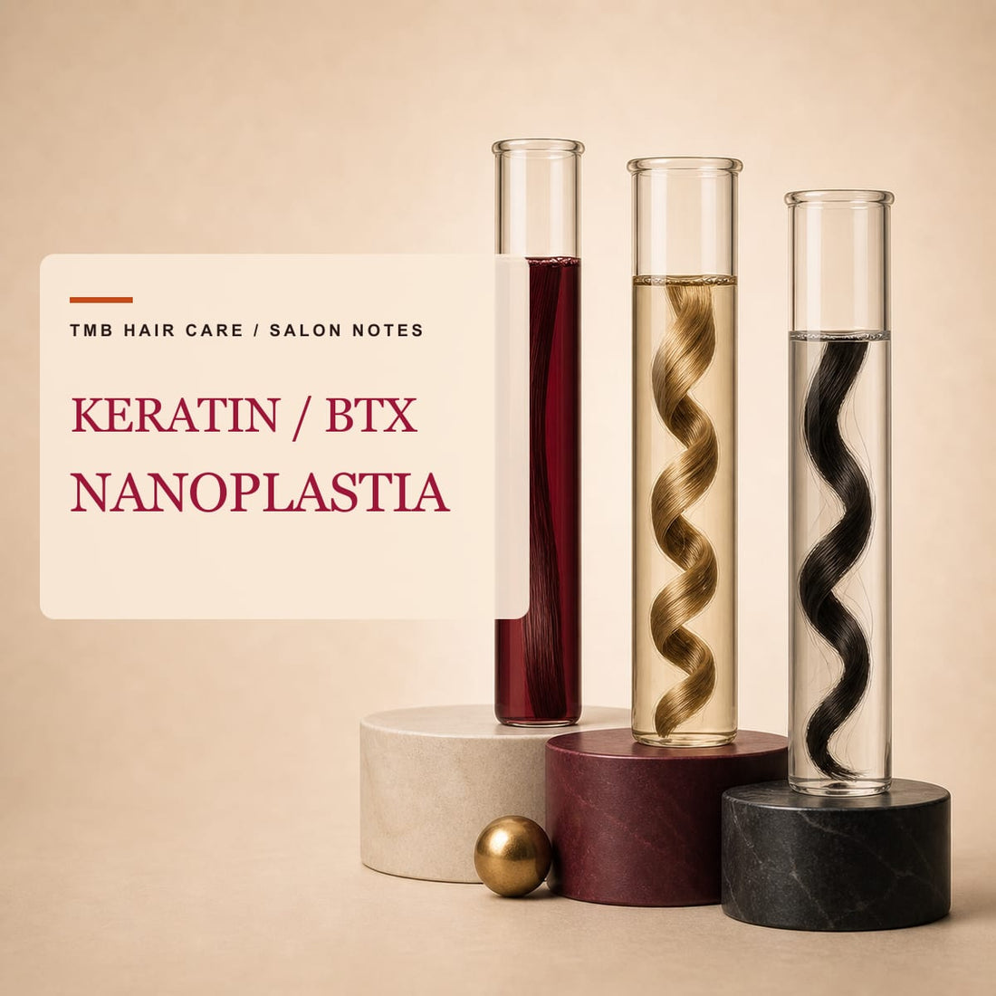 Three glass vessels holding straight, wavy and curly hair fibers for a salon treatment comparison