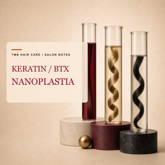 Three glass vessels holding straight, wavy and curly hair fibers for a salon treatment comparison