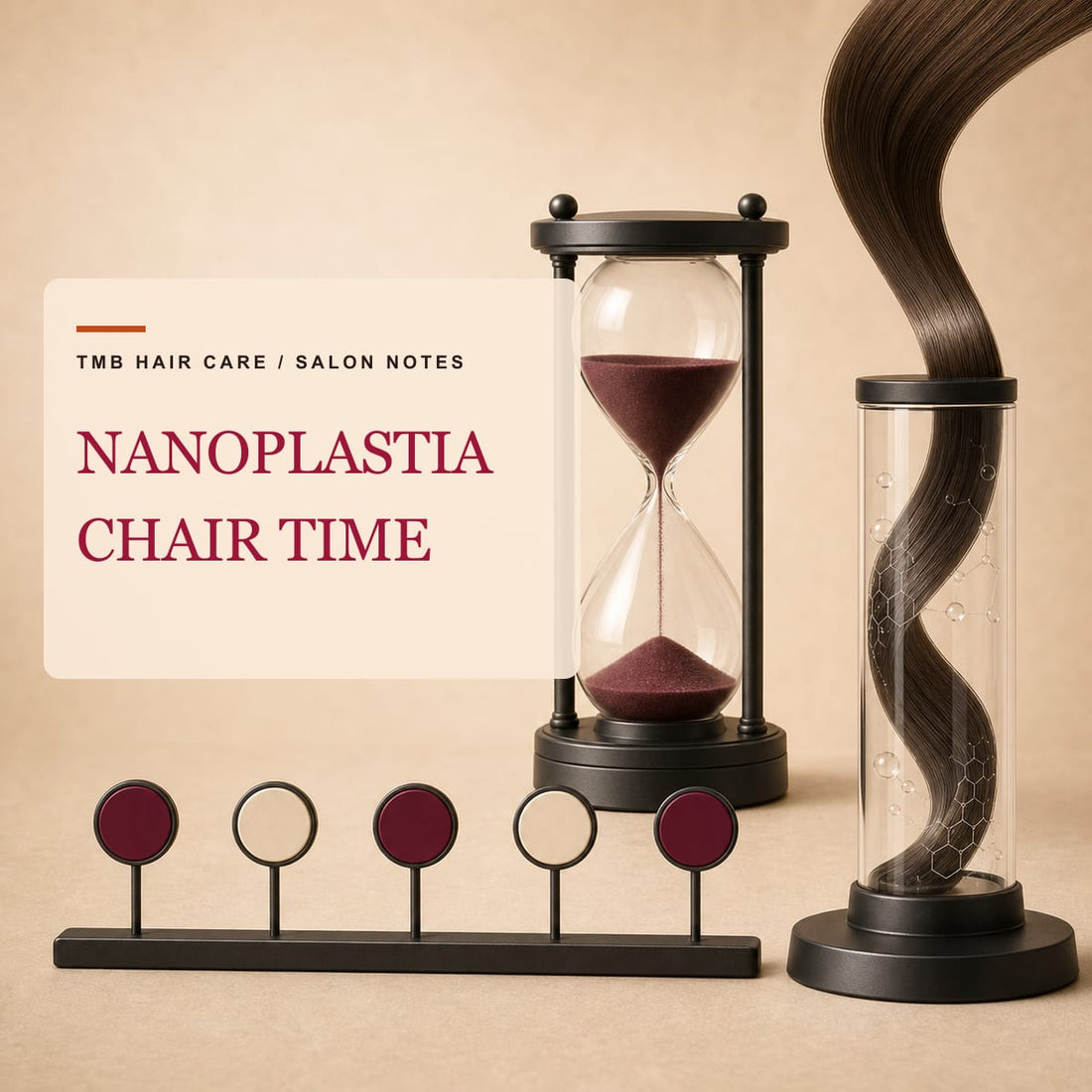 Salon hourglass and hair fiber in a glass chamber arranged around a row of timing markers