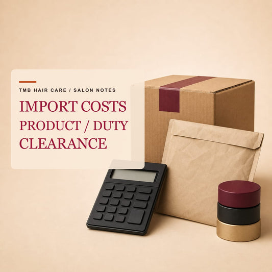 Shipping box, customs envelope and calculator arranged to show the layers of an imported salon order