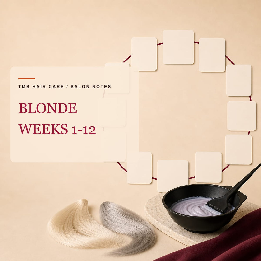 Twelve blank calendar cards with platinum and silver hair swatches and a salon color bowl