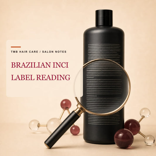 Magnifying glass over a dense ingredient panel on the back of a generic salon bottle