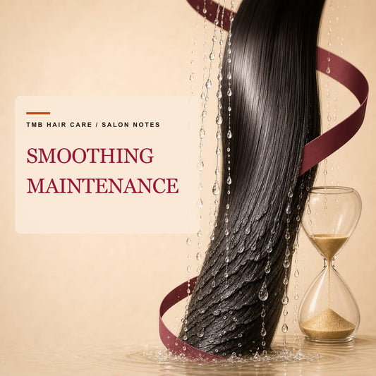 Dark hair fiber under repeated water droplets beside an hourglass on a warm cream background