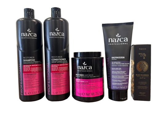 Kit Profesional Nazca Restorer & Anti-Frizz + Aceite de Argán
Reconstrucción, nutrición y control total del frizz en un solo