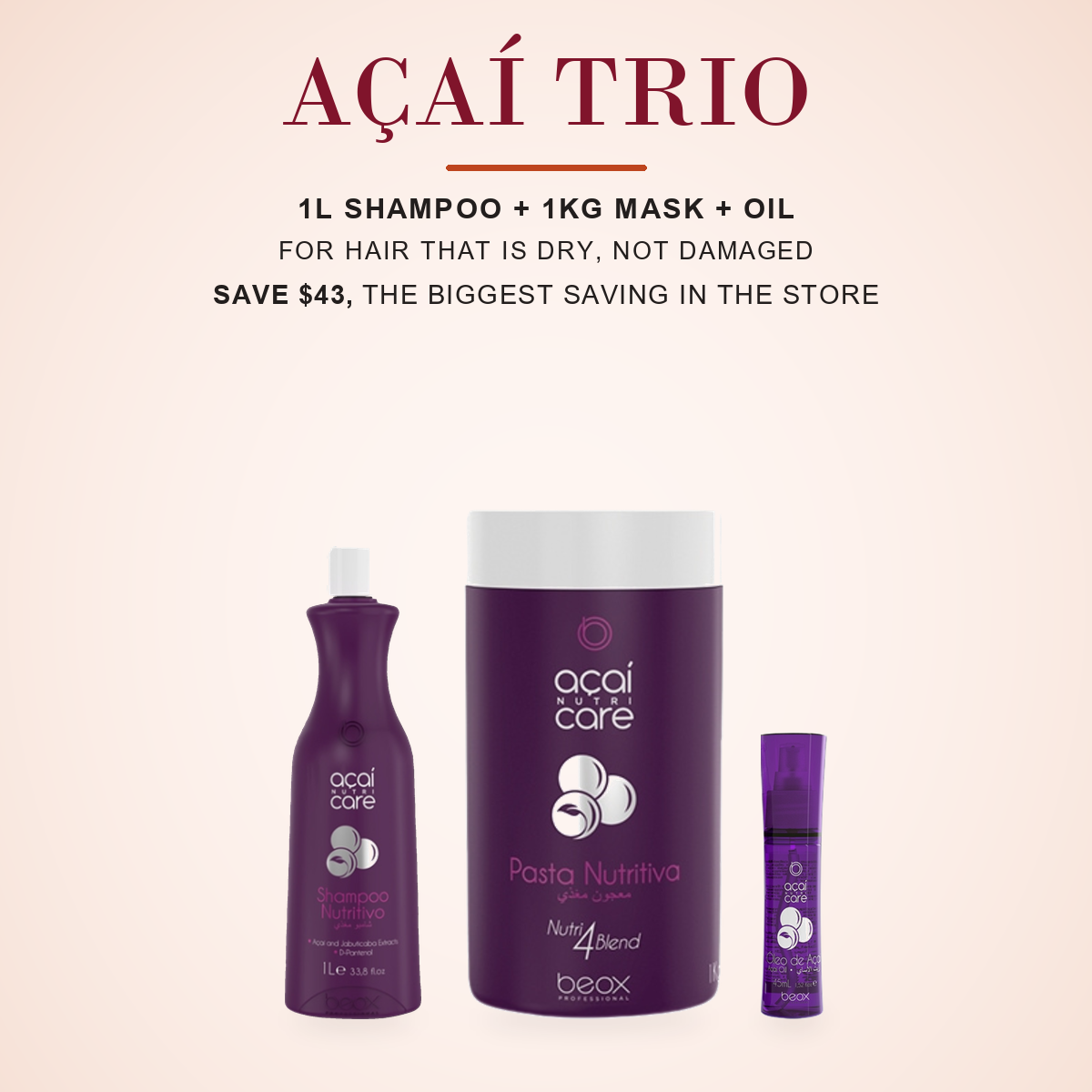 Acai shampoo, 1kg mask and 45ml oil on a cream background