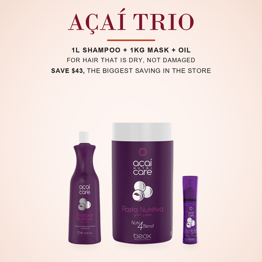 Acai shampoo, 1kg mask and 45ml oil on a cream background