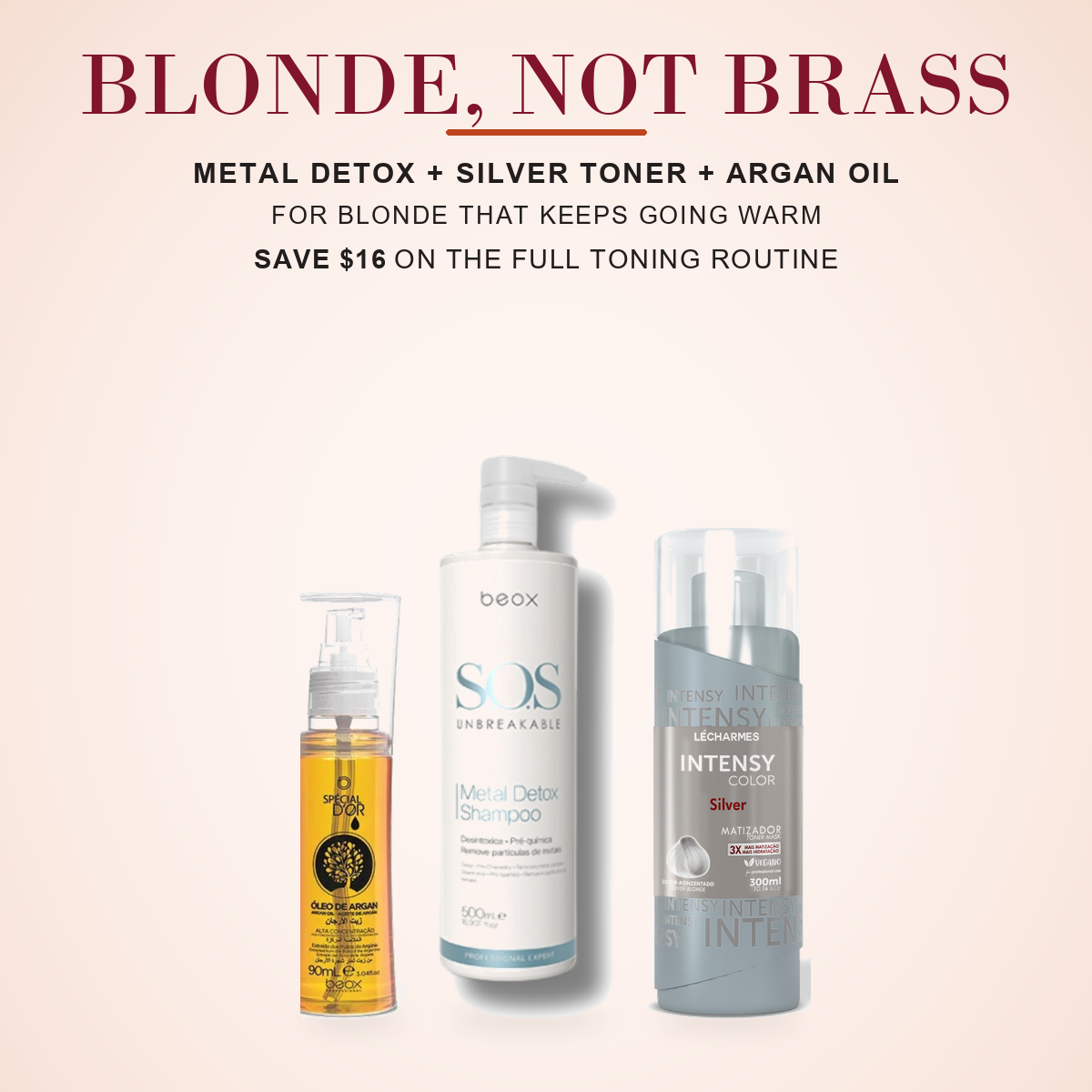 Metal Detox shampoo, Silver toning mask and argan oil on a cream background