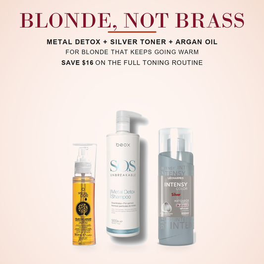Metal Detox shampoo, Silver toning mask and argan oil on a cream background