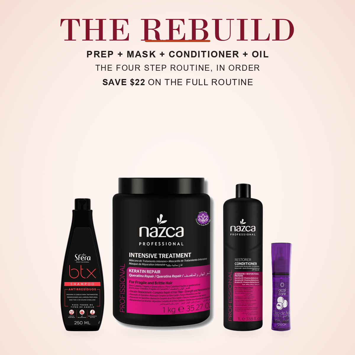 Anti-residue shampoo, 1kg treatment mask, 1L conditioner and acai oil on a cream background