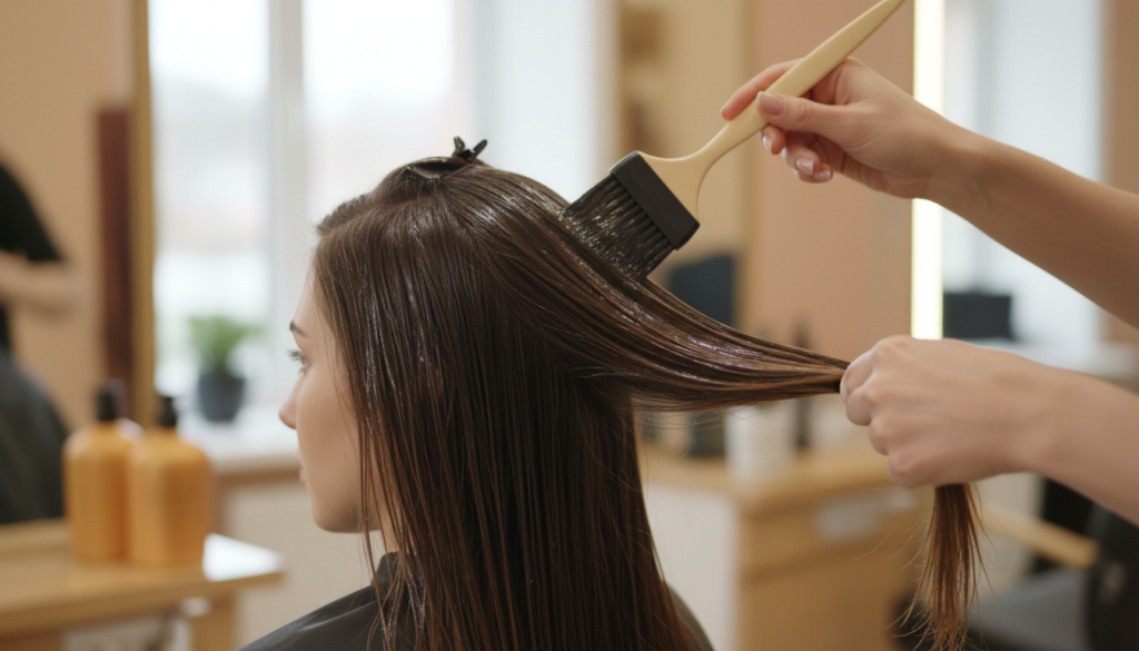 Brazilian keratin treatment being applied to long brunette hair in a professional salon