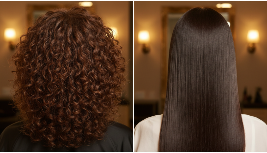 Side-by-side comparison: healthy textured curly hair vs. sleek straight hair, illustrating hair botox vs keratin results