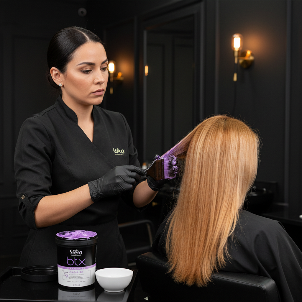 Nazca BTX Matizante being applied to brassy blonde hair